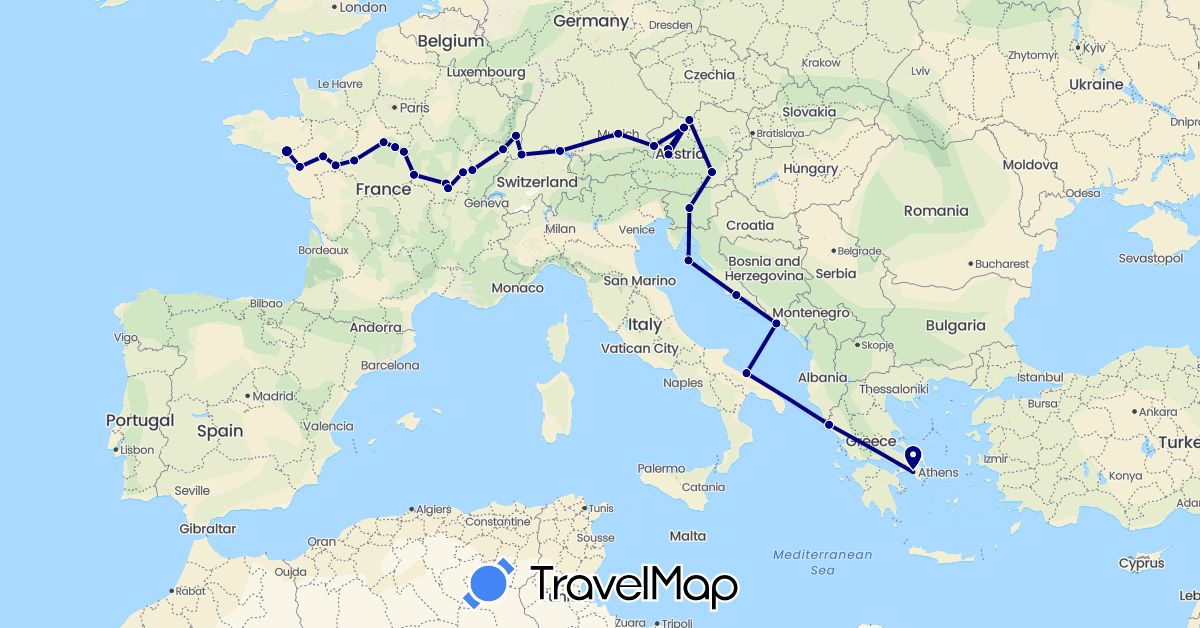 TravelMap itinerary: driving in Austria, Switzerland, Germany, France, Greece, Croatia, Italy, Slovenia (Europe)
